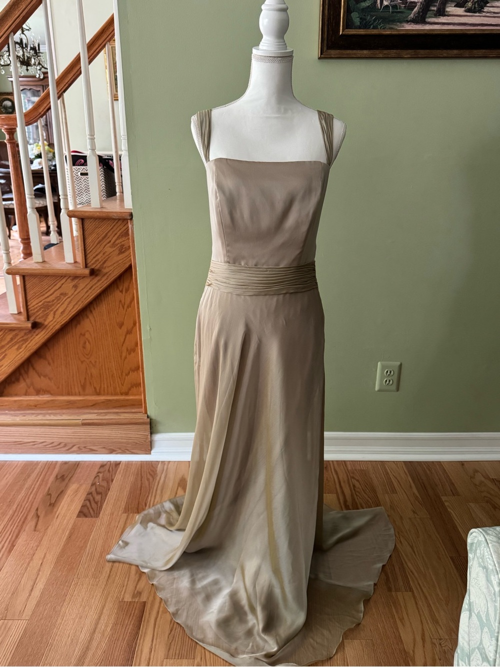 Elegant Taupe Evening Gown with Pleated Waist